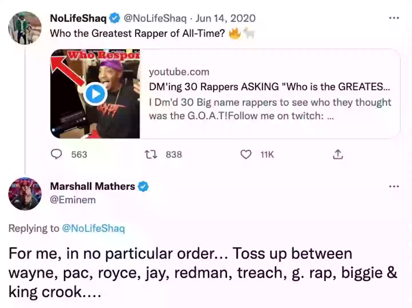 Celebrity Tweets Rappers Eminem has updated his list of the best rappers of all time