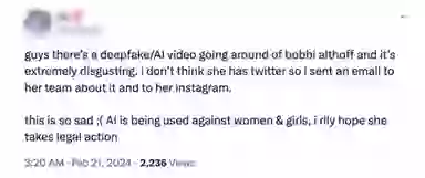 Bobbi Althoff responds after x-rated AI deepfake video of her goes Bobbi Althoff responds after x-rated AI deepfake video of her goes