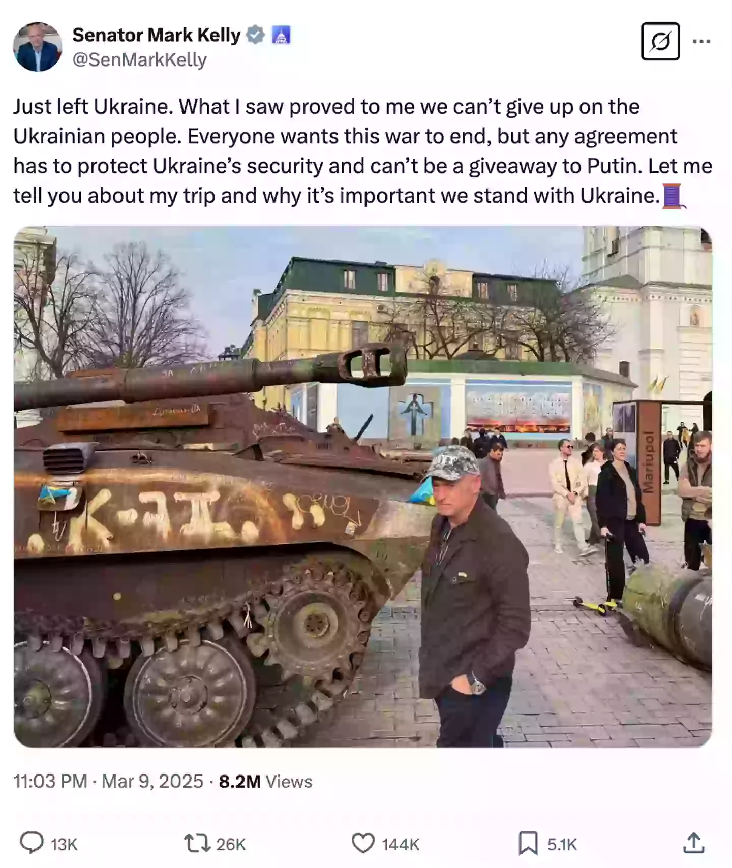 Kelly hit back at Musk's comments about him visiting Ukraine (SenMarkKelly/X)