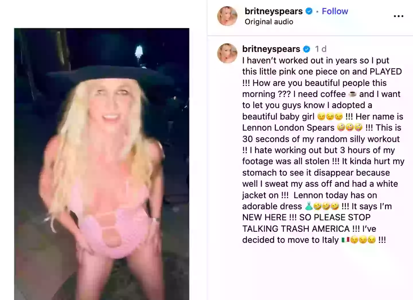 The 43-year-old claimed she'd welcomed a baby girl (Instagram/@britneyspears)