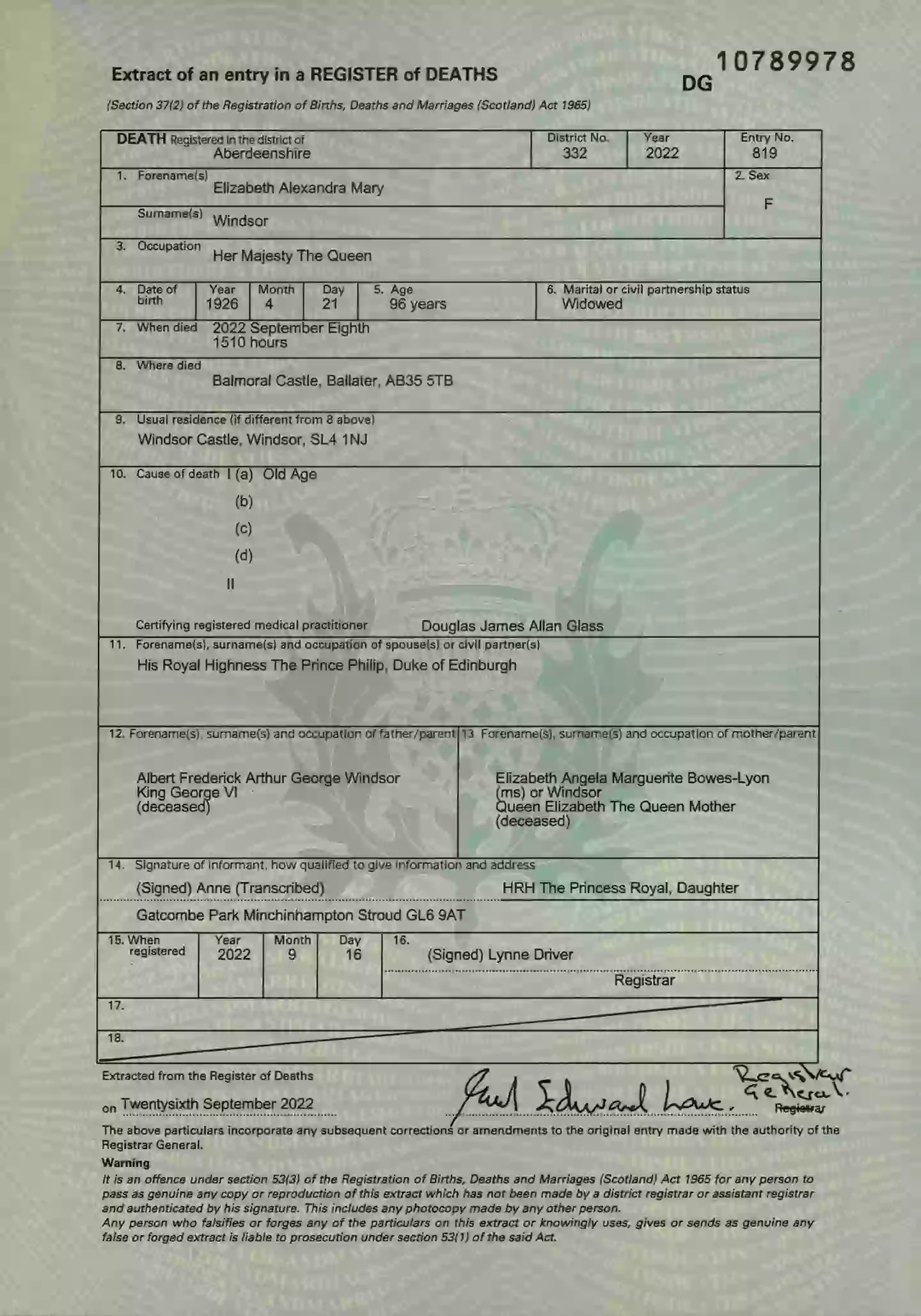 O Certificado de Morto da Rainha tardia (Registros Nacionais da Escócia)