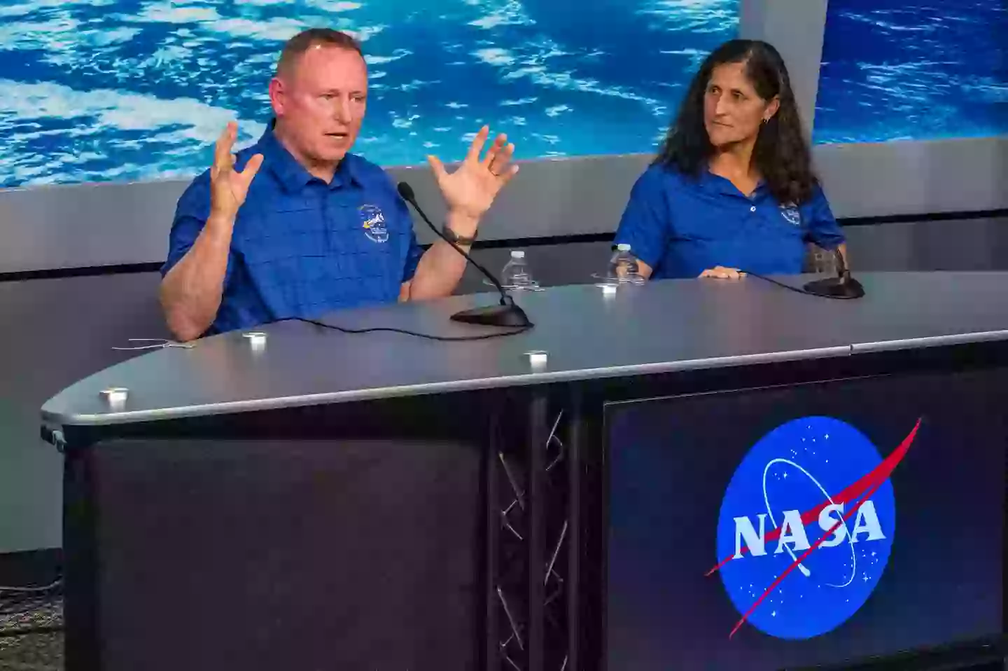 Sunita Williams and Butch Wilmore at a press briefing in March 2024 after being announced as the crew for the mission (Kirk Sides/Houston Chronicle via Getty Images)