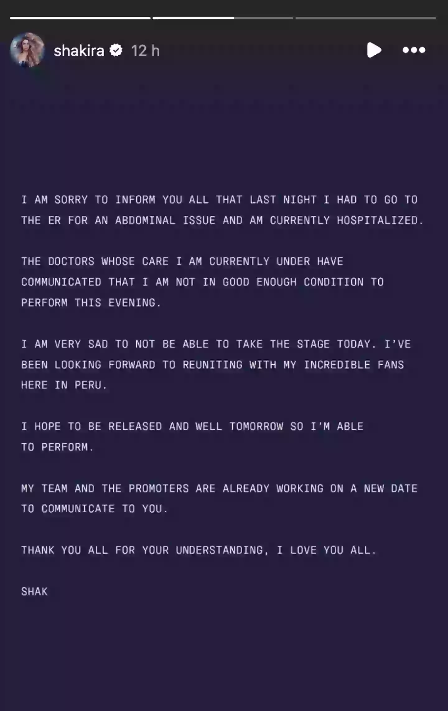 Shakira updated fans on her Instagram story (Instagram/@shakira)