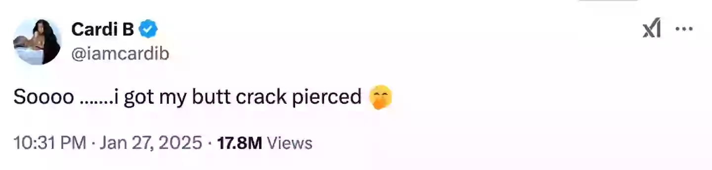 Cardi B recently revealed that she'd got her 'butt crack pierced' (Twitter/@iamcardib)