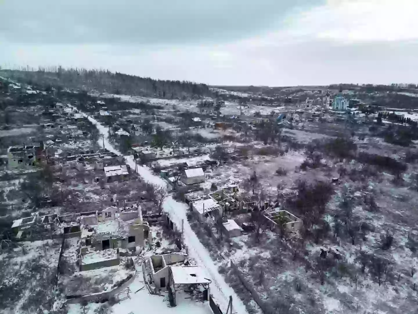 An aerial view of Bohodychne, in the Donbas region of Ukraine - the town that was bombed both during its occupation by Russian forces and its liberation by Ukrainian forces following the large-scale Russian offensive of 2022 (Pierre Crom/Getty Images)