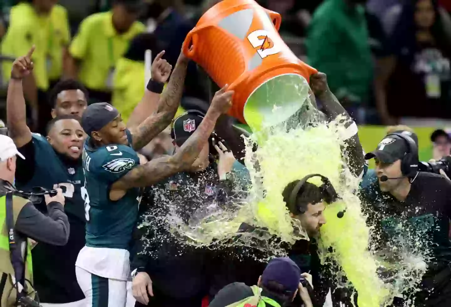 Head coach Nick Sirianni of the Philadelphia Eagles is showered with Gatorade in the fourth quarter against the Kansas City Chiefs during Super Bowl LIX at Caesars Superdome on February 09, 2025 in New Orleans, Louisiana. (Photo by Jamie Squire/Getty Images)
