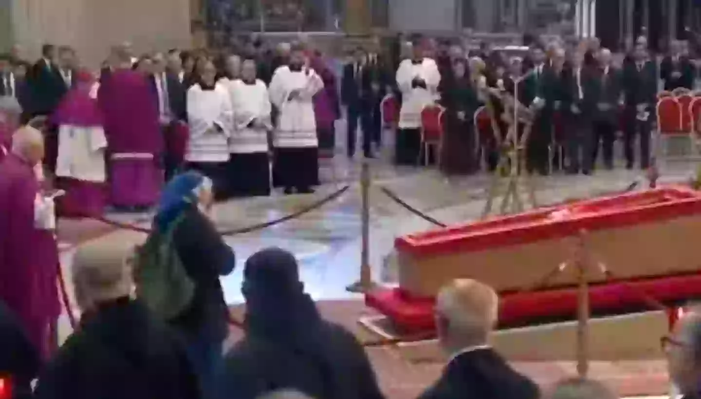 Sister Genevieve Jeanningros, was captured standing in a restricted area near to the Pope's coffin (Vatican Media)