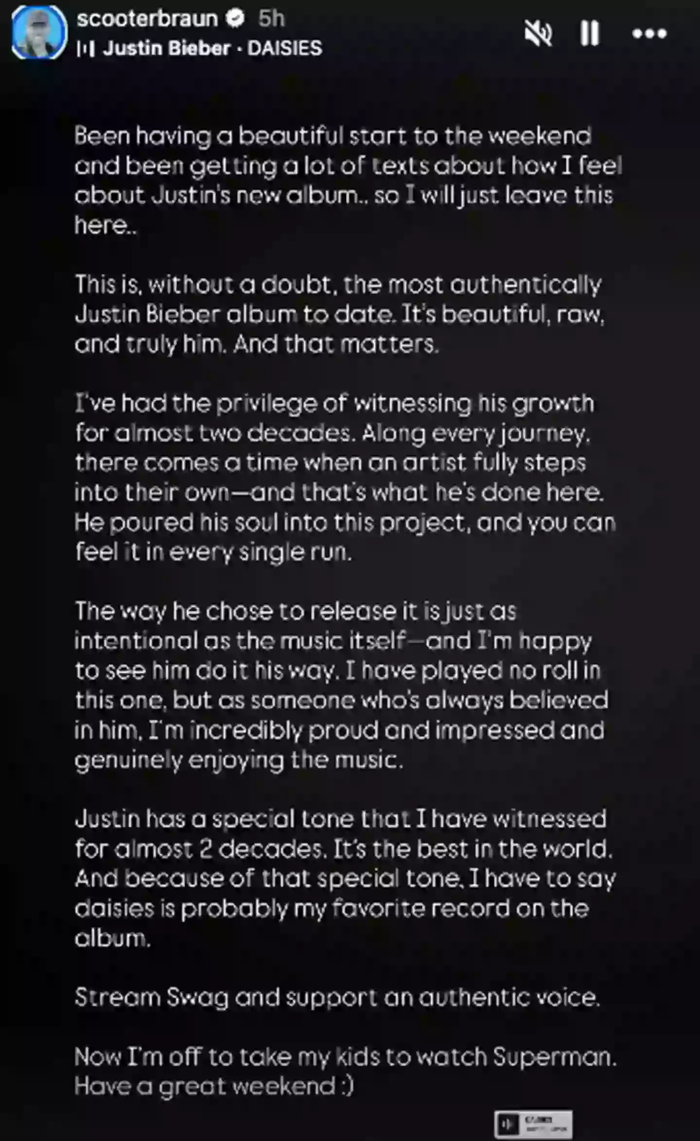 Braun praised the release of Swag on Instagram (Instagram/@scooterbraun)