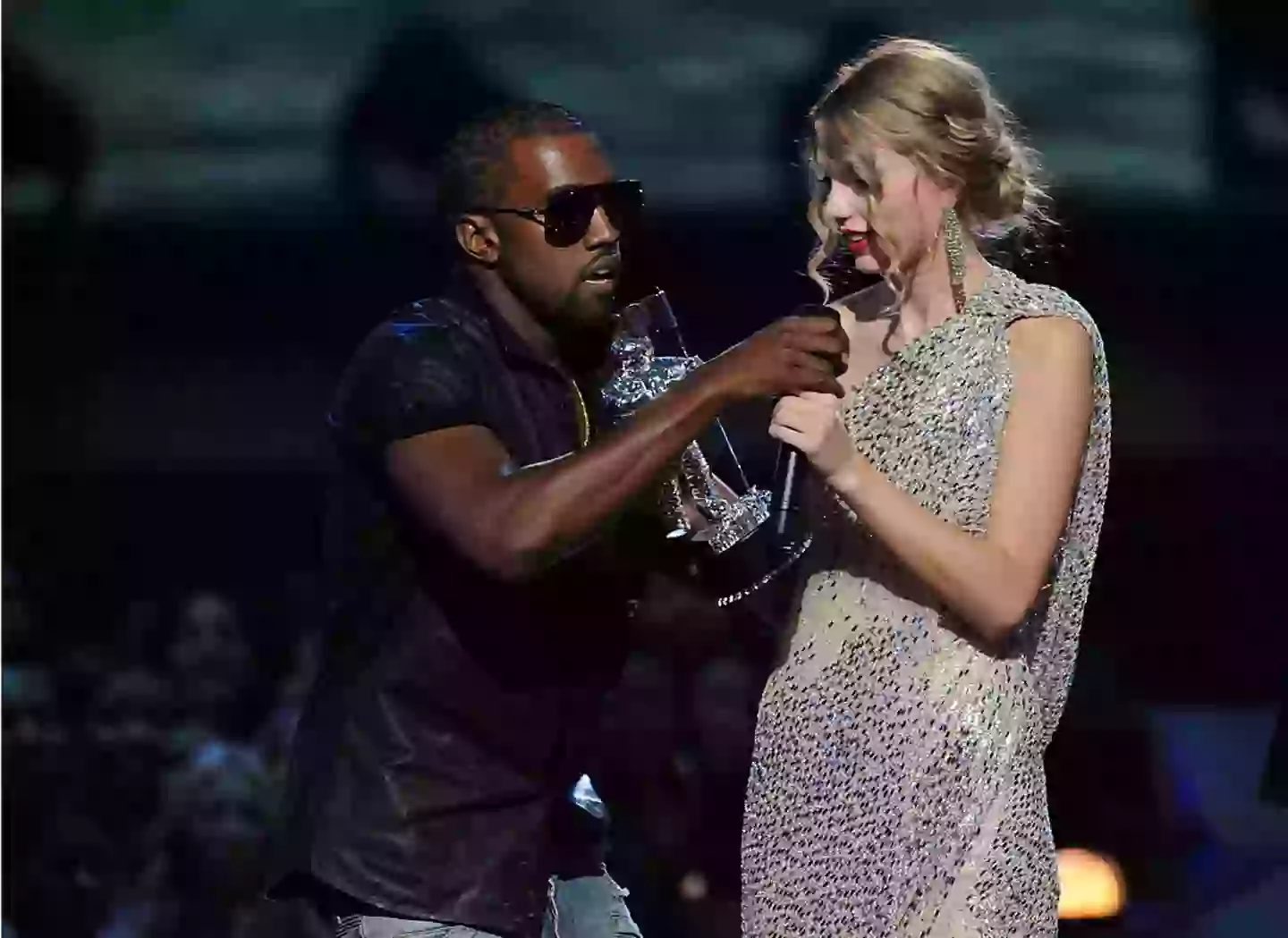 Kanye West jumped on stage after Taylor Swift won the Best Female Video award dat the VMAs back in 2009 (Jeff Kravitz/FilmMagic)