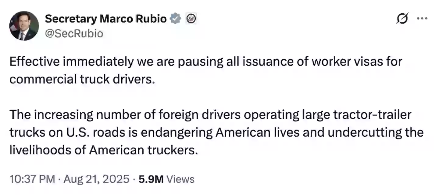 Rubio announced a halt on visas for commercial truck drivers on X (X/@SecRubio)