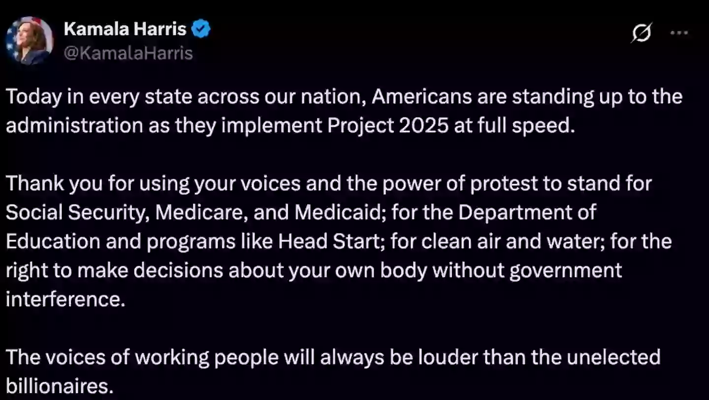 Kamala Harris showed her support for the 'Hands Off!' protests (kamalaharris/X)