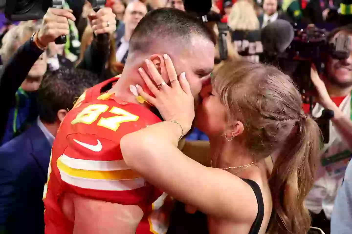 The pair shared a kiss after the Kansas City Chiefs won last year's Super Bowl (Ezra Shaw/Getty Images)