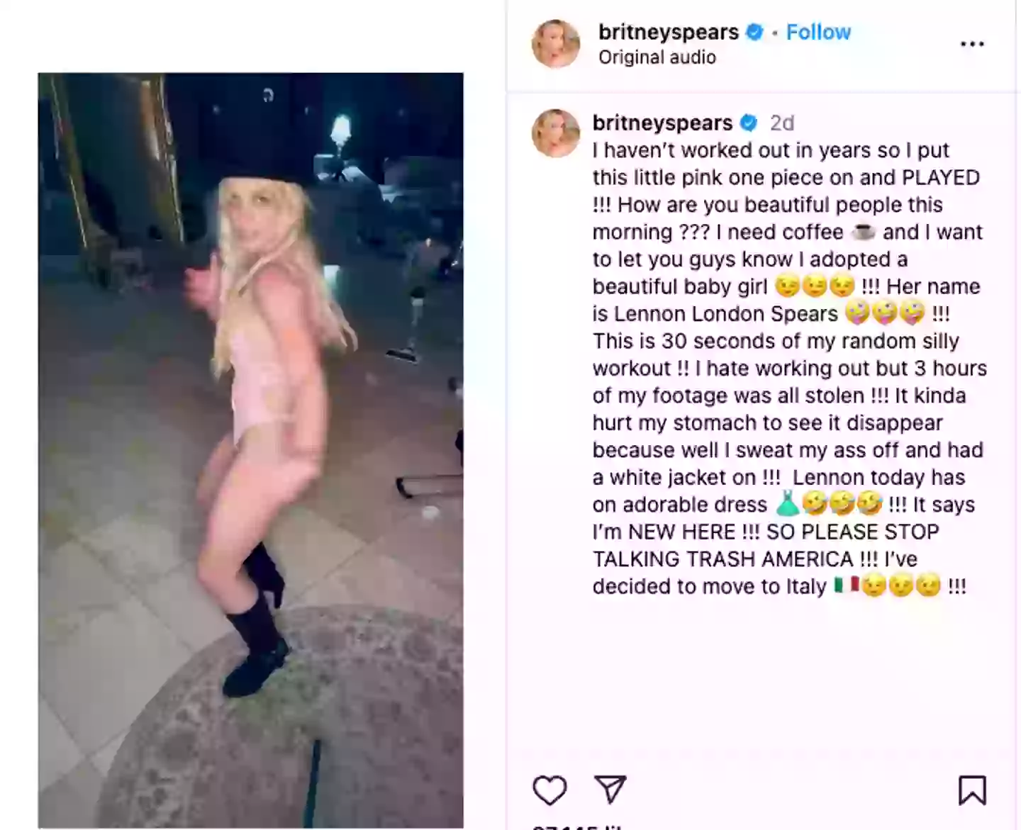 The star was showing off her dance moves where she made the announcement in the caption (Instagram/britneyspears)