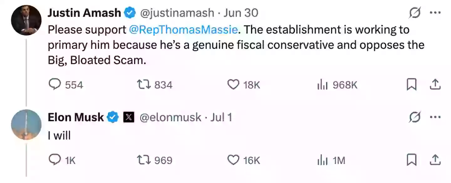 Musk made clear his support for Thomas Massie (X/@elonmusk)