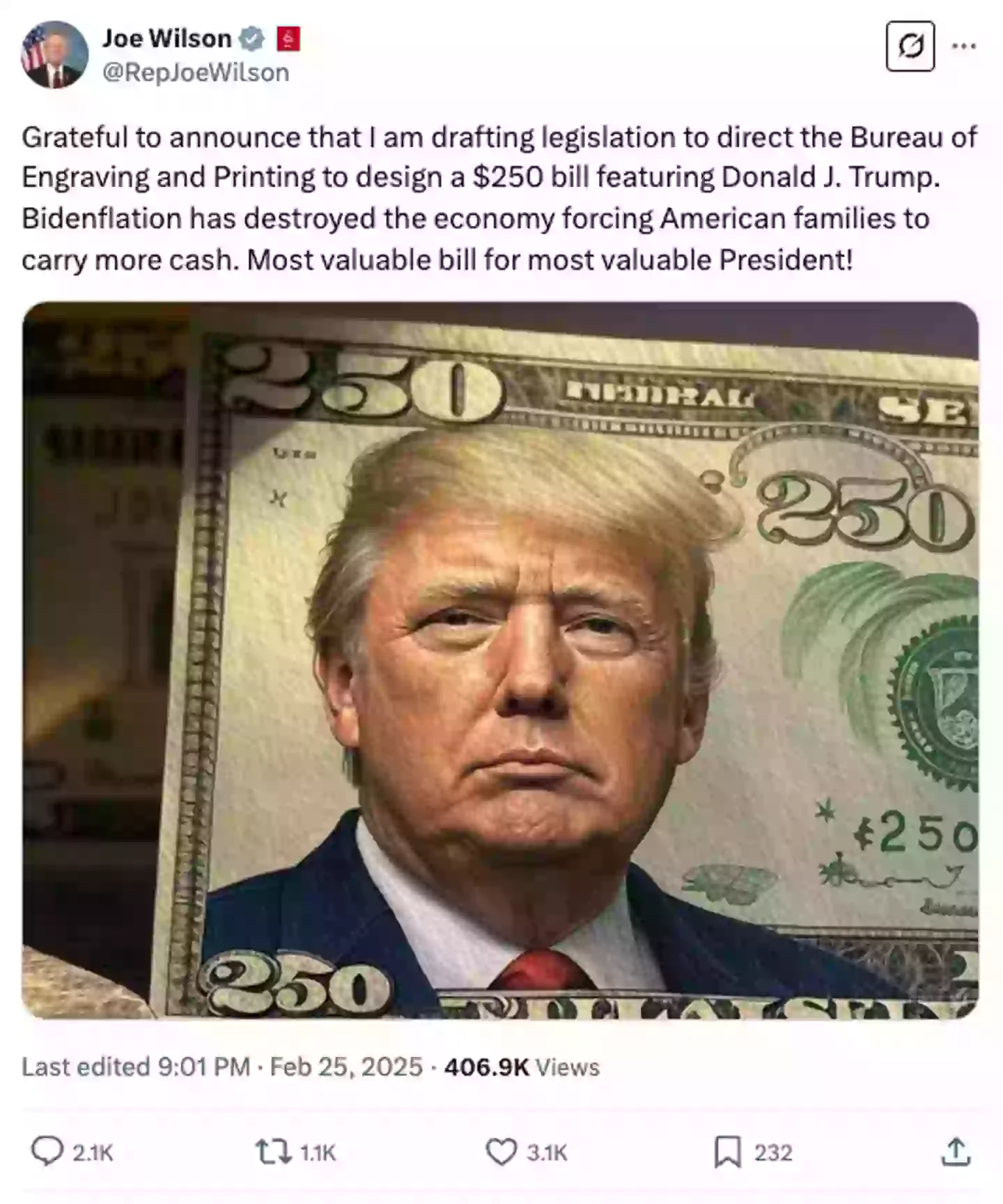 The Trump-themed $250 bill (X/@RepJoeWilson)