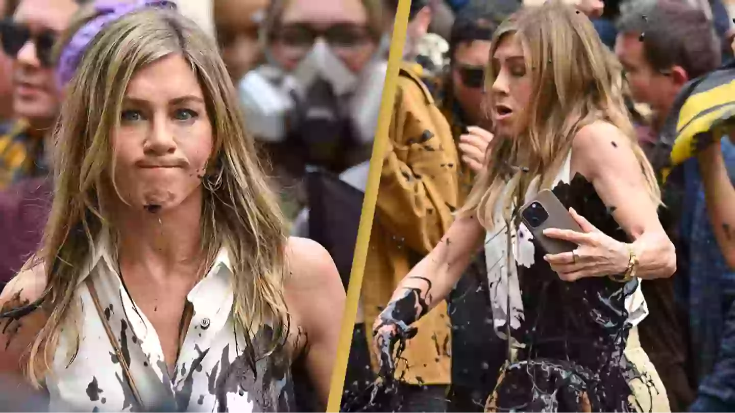 Jennifer Aniston gets oil savagely thrown over her while filming for The Morning Show