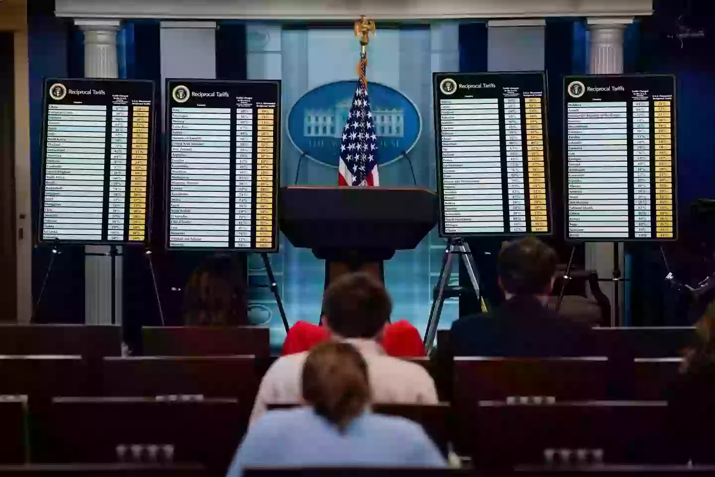 Donald Trump shared posters of the which countries will be facing which tariffs (Kent Nishimura/Bloomberg via Getty Images)