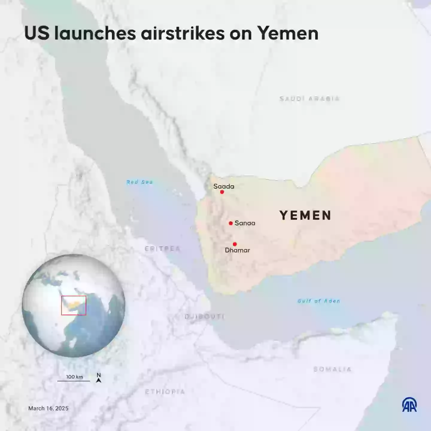 The US' airstrikes hit the Yemen communites of Saada, Sanaa, Dhamar, as Trump explained it was in retaliation to the Houthi movements frequent attacks on cargo ships passing through the Bab al-Mandab Strait (Efnan Ipsir/Anadolu via Getty Images)