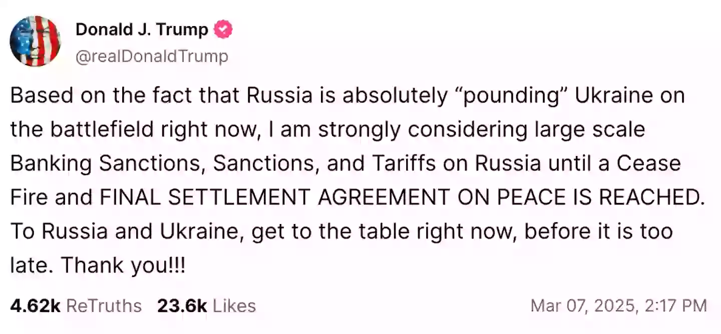 Trump has urged Ukraine and Russia to come to a deal (Truth Social/@realDonaldTrump)