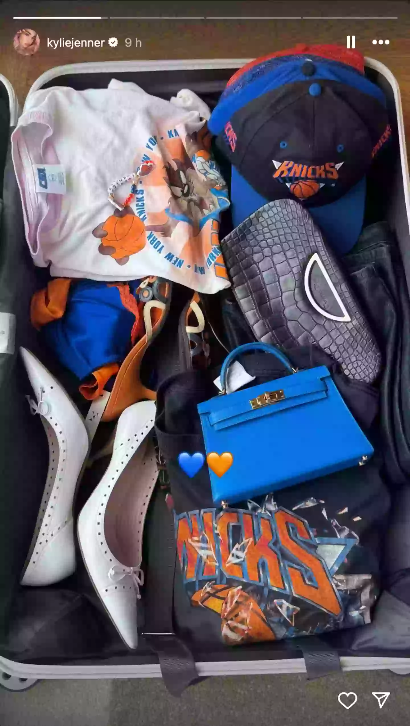 Kylie Jenner shared a snap of her suitcase to fans on Instagram, revealing that she has Knicks-themed lingerie (Instagram/@kyliejenner)