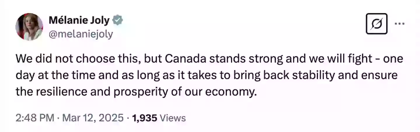 Canada's Foreign Affairs Minister Mélanie Joly has said Canada is willing to fight (X/@melaniejoly)