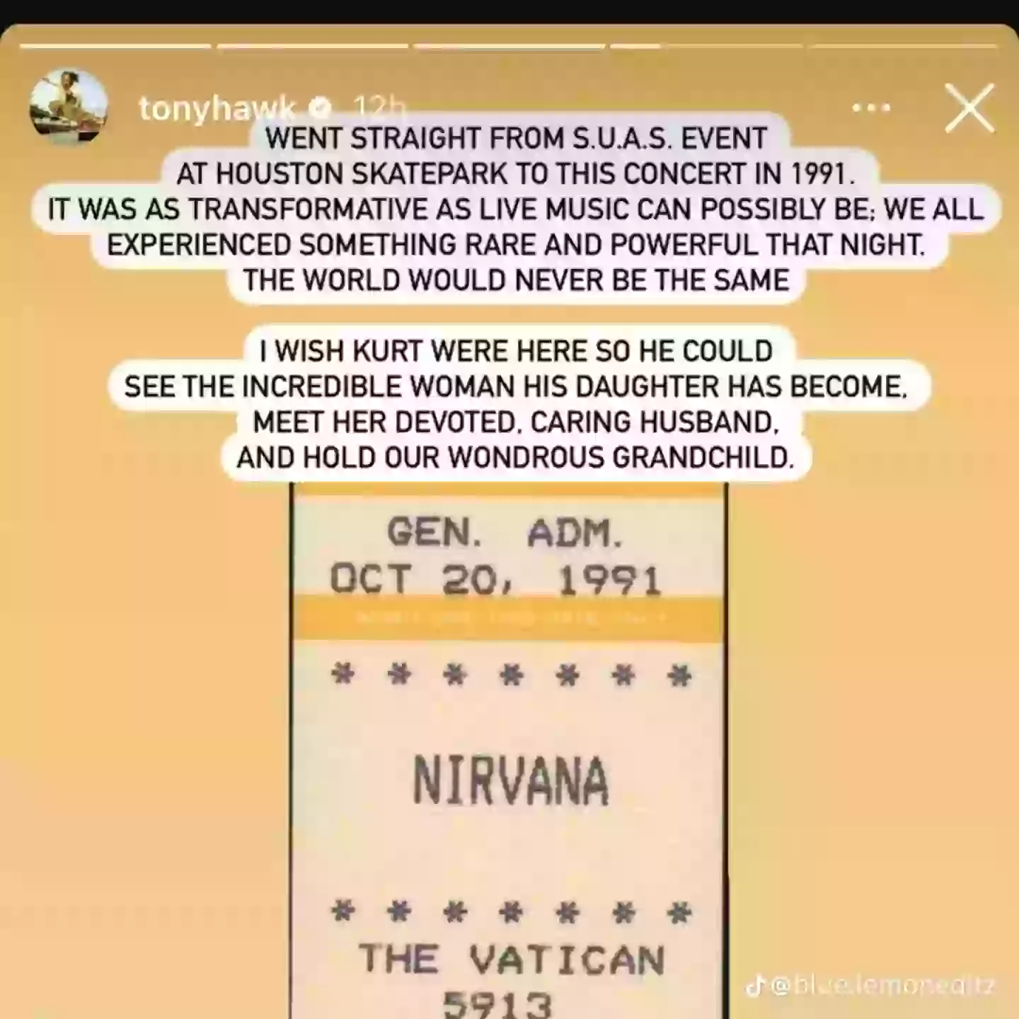 Hawk penned the sweet message via his Instagram story (Instagram/Tonyhawk)