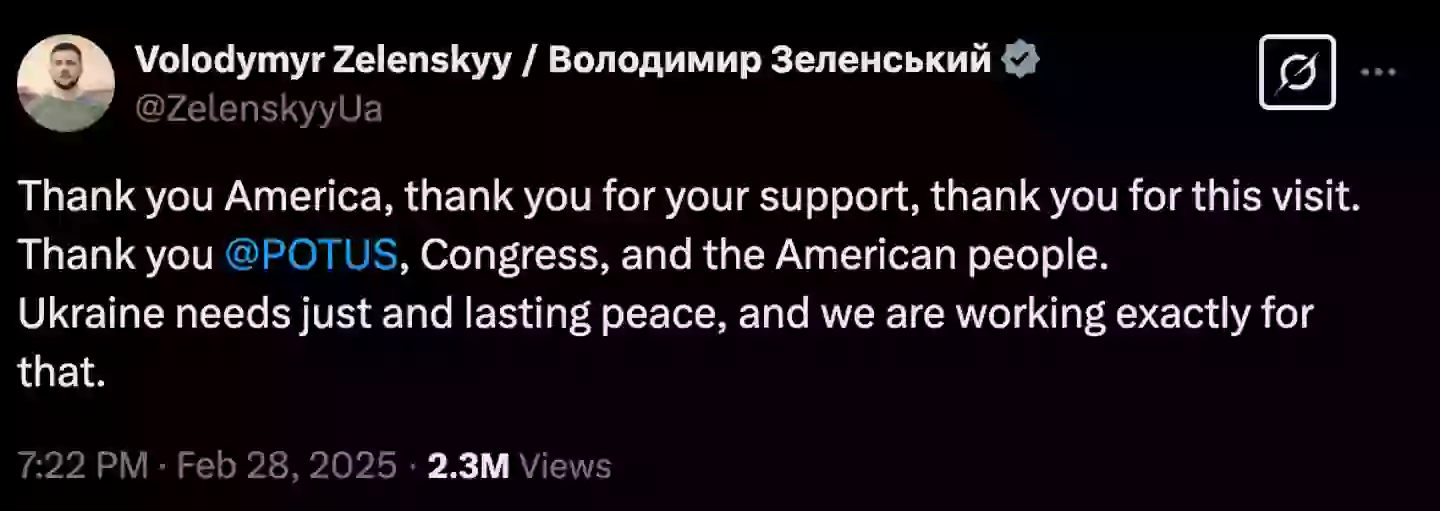 Zelenskyy has released a statement on Twitter following the heated exchange with the POTUS (Twitter/ @ZelenskyyUa)