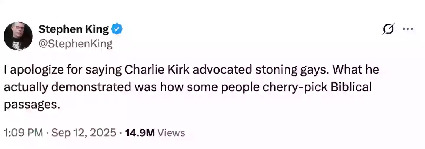 Stephen King has apologized for his original post (X/stephenking)