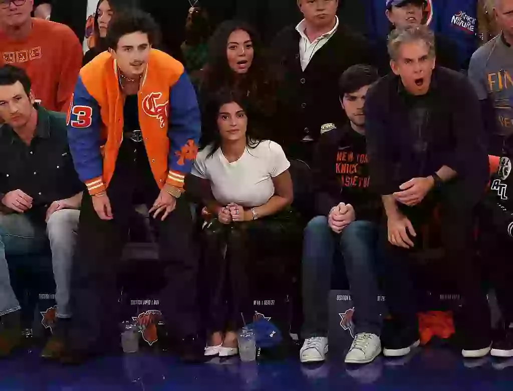 Timothée Chalamet, Kylie Jenner and Ben Stiller react court-side during the first quarter during game five of the Eastern Conference Finals at Madison Square Garden on May 29 (Al Bello/Getty Images)