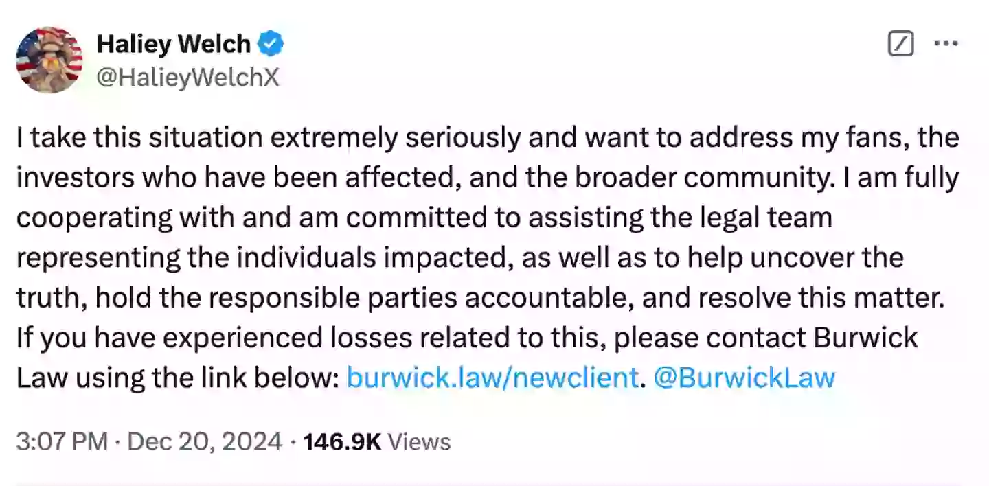 Welch responded to the lawsuit on Twitter (X/@HalieyWelchX)