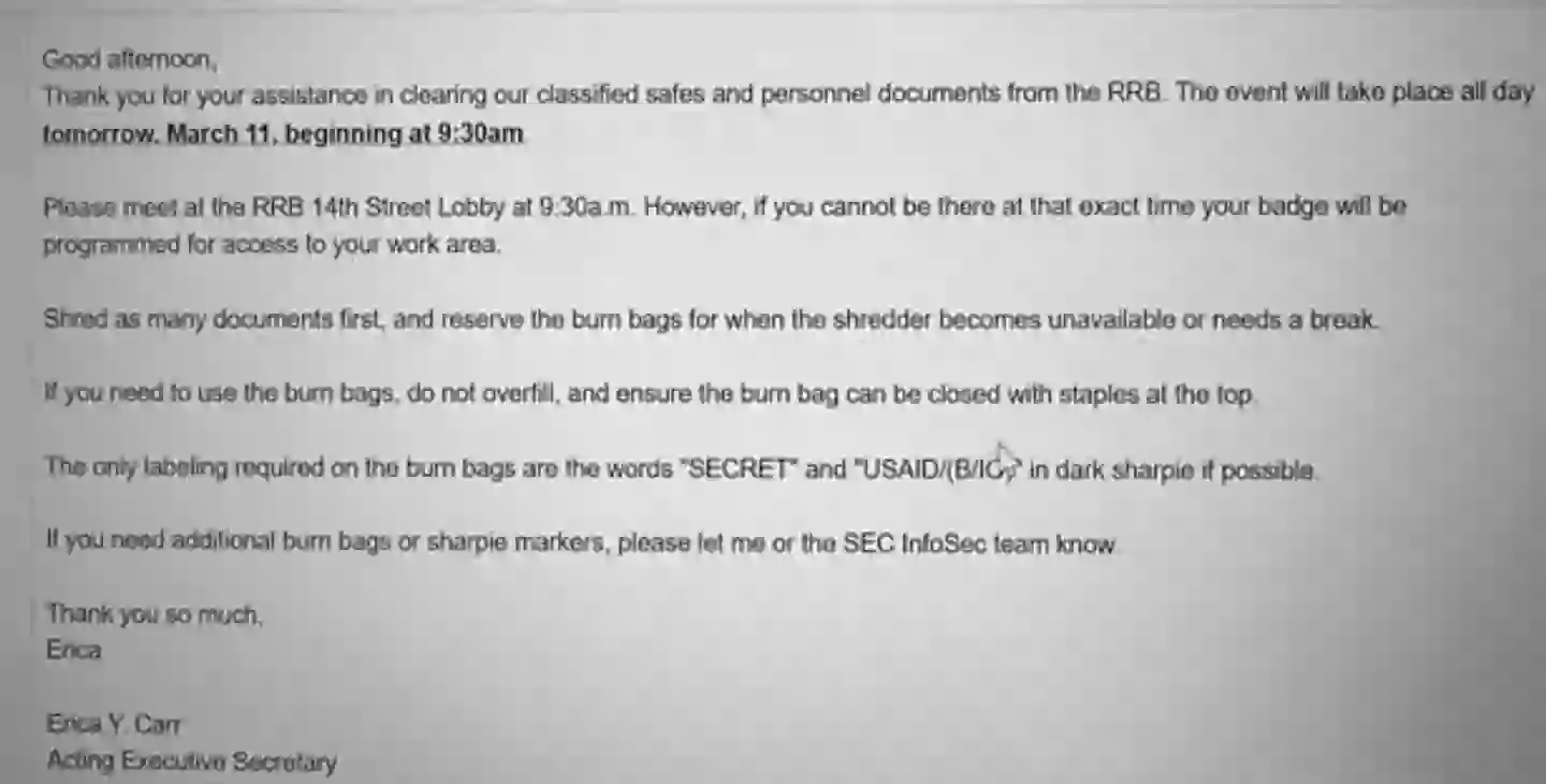 Alleged email from USAID official ordering staff to 'shred and burn' documents (Court filing)