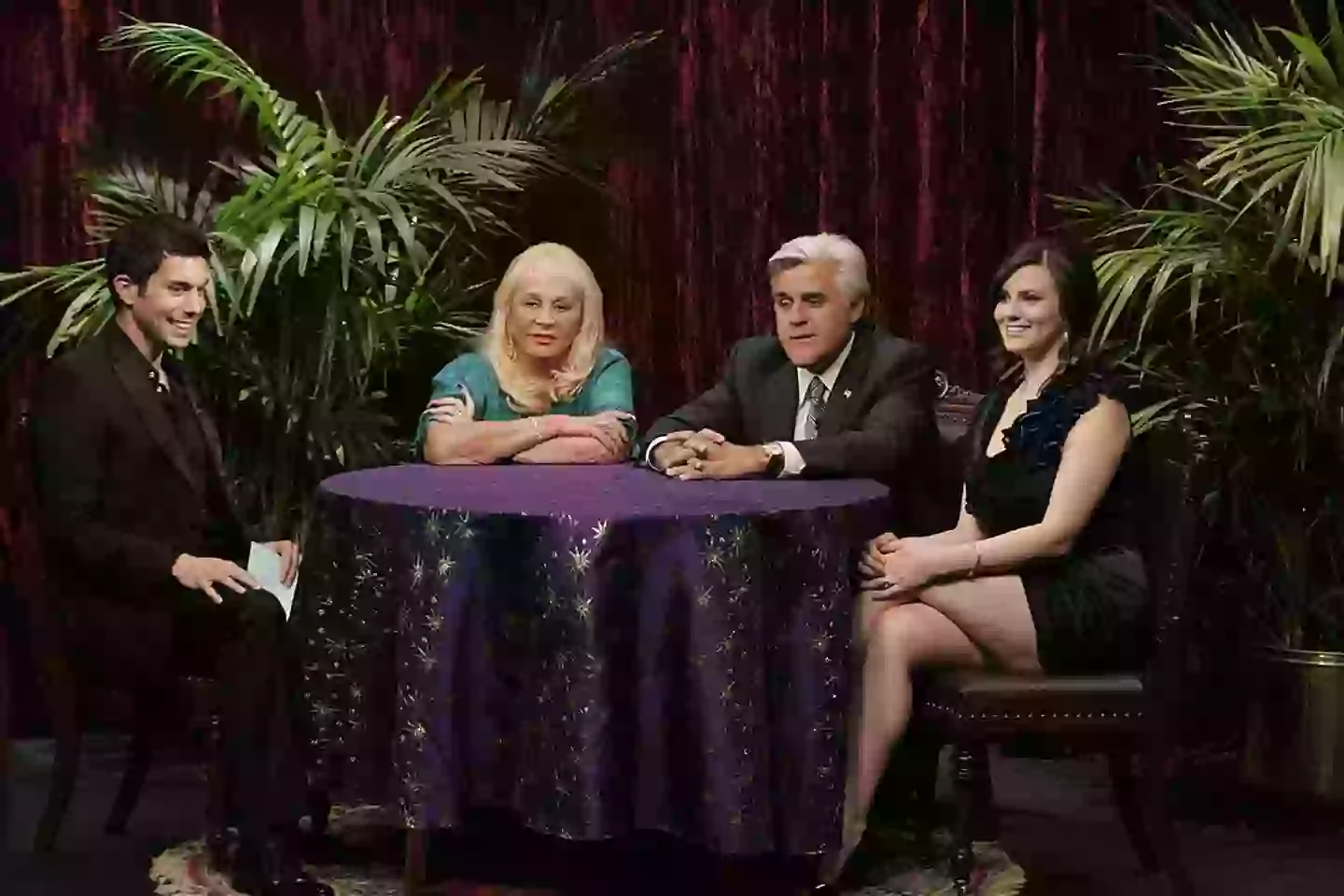 Actor Micah Sloat, Psychic Sylvia Browne, host Jay Leno, actor Katie Featherston on 'The Jay Leno Show' (Stacie McChesney/NBCU Photo Bank)