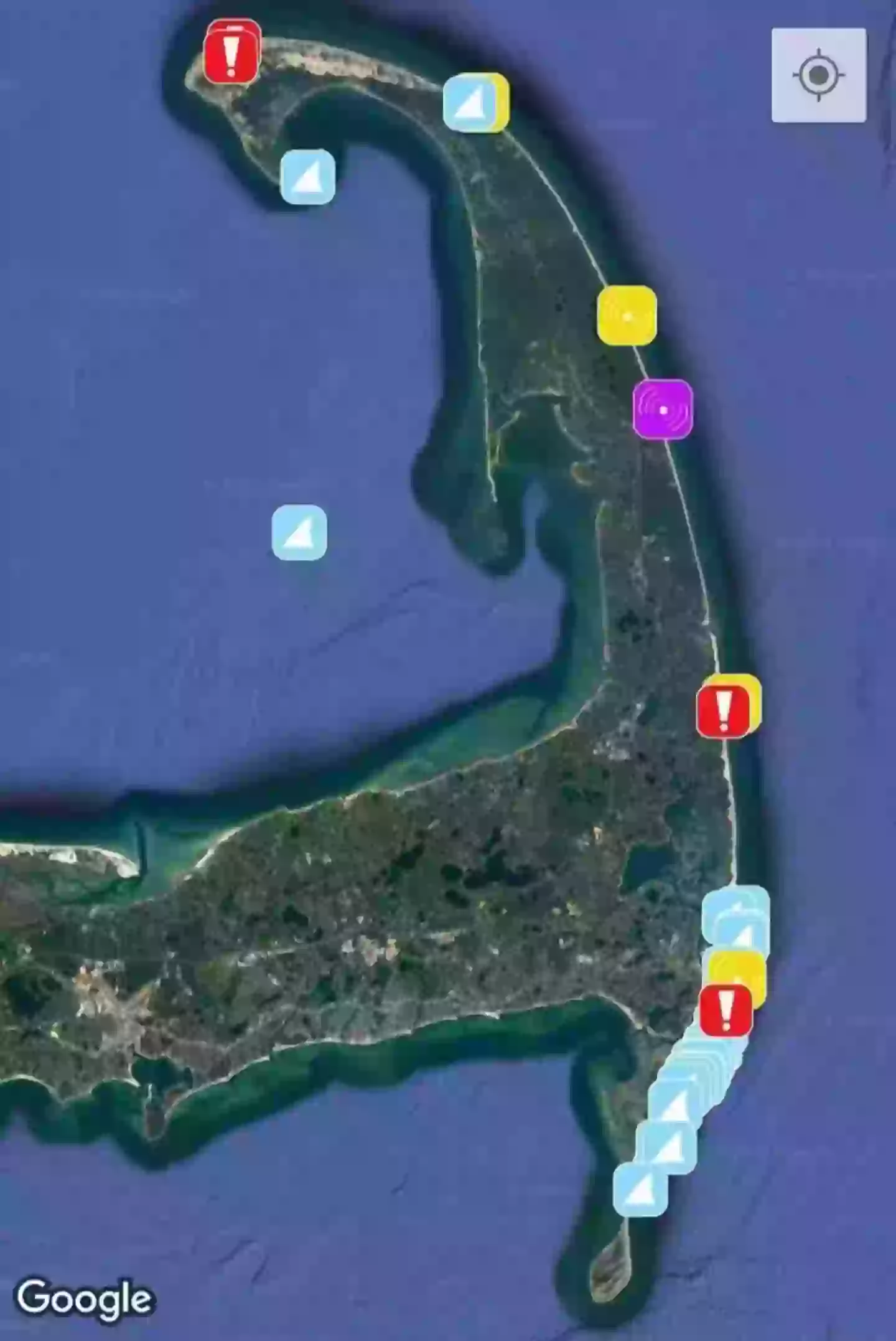 This map shows the large number of shark sightings in the area.