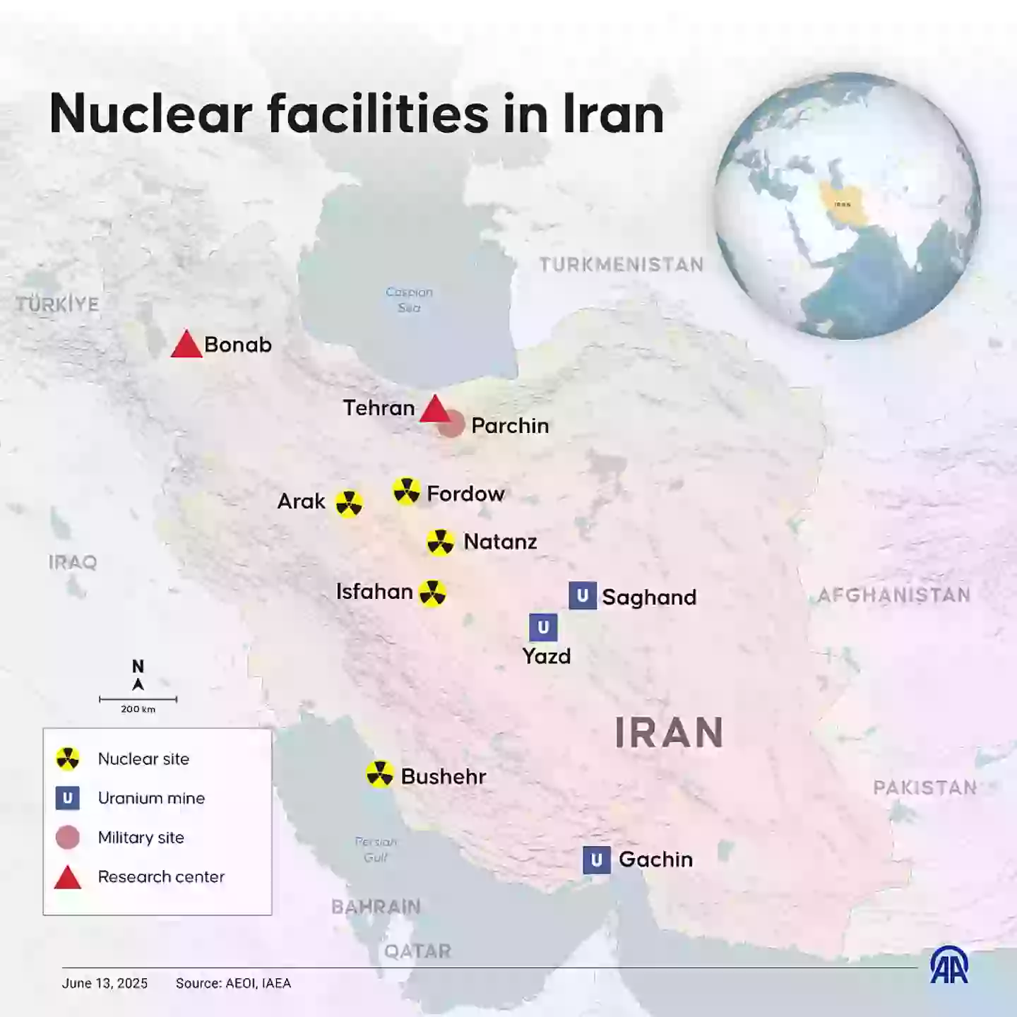 Infographic of where Iran's nuclear sites are located (Ufuk Celal Guzel/Anadolu via Getty Images)