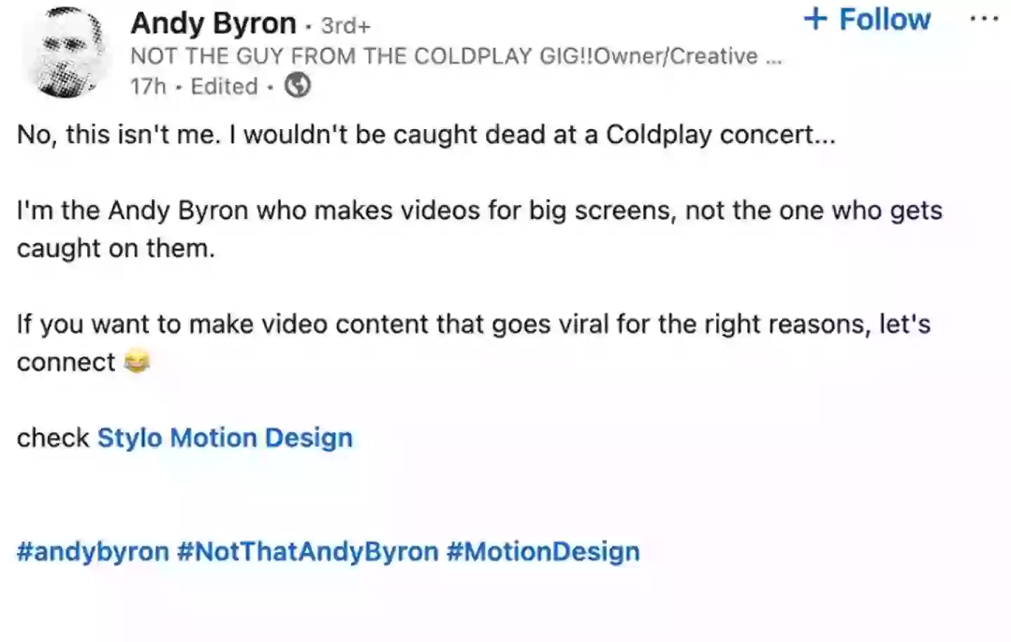 Another Andy Byron has spoken out (LinkedIn/andybyrongraphics)