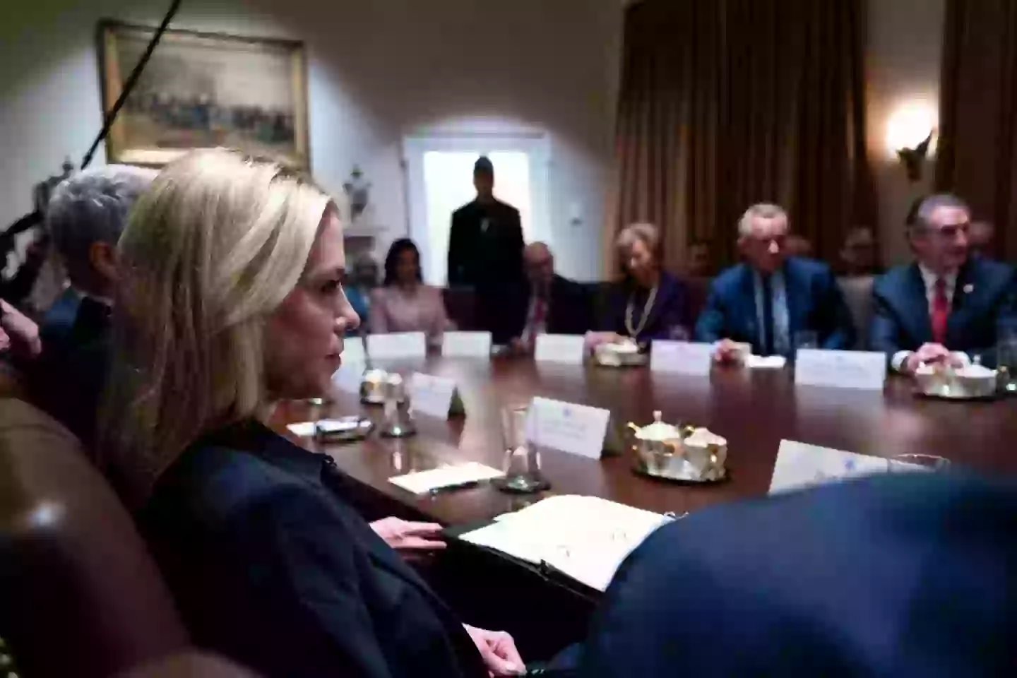 US Attorney General Pam Bondi at President Donald Trump's first Cabinet Meeting of his second-term, with Elon Musk standing in the background (Al Drago/Bloomberg via Getty Images