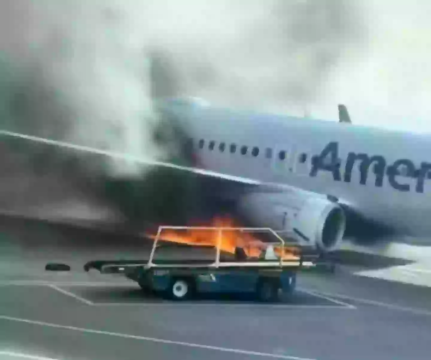 The engine reportedly caught fire after landing (Twitter/@EdKrassen)
