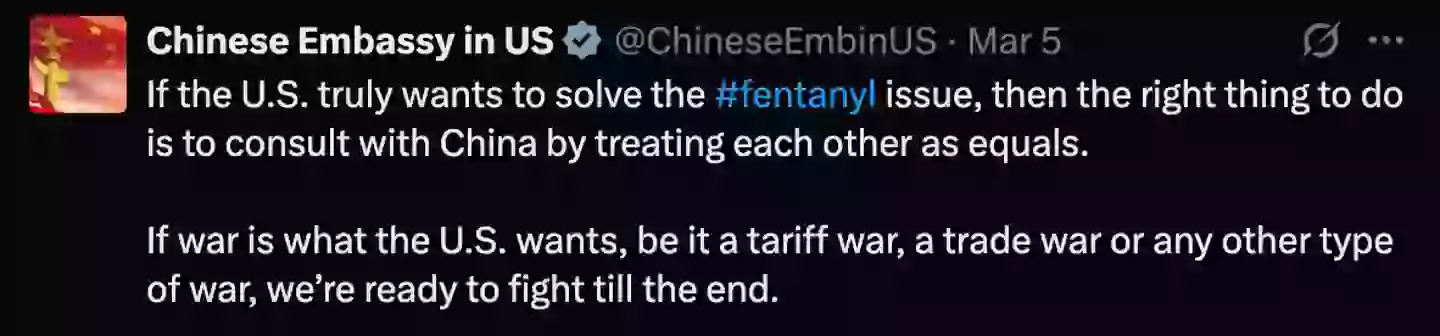 The Chinese Embassy in the US says the country is 'ready' for 'any type of war' with the US (Twitter/@ChineseEmbinUS)