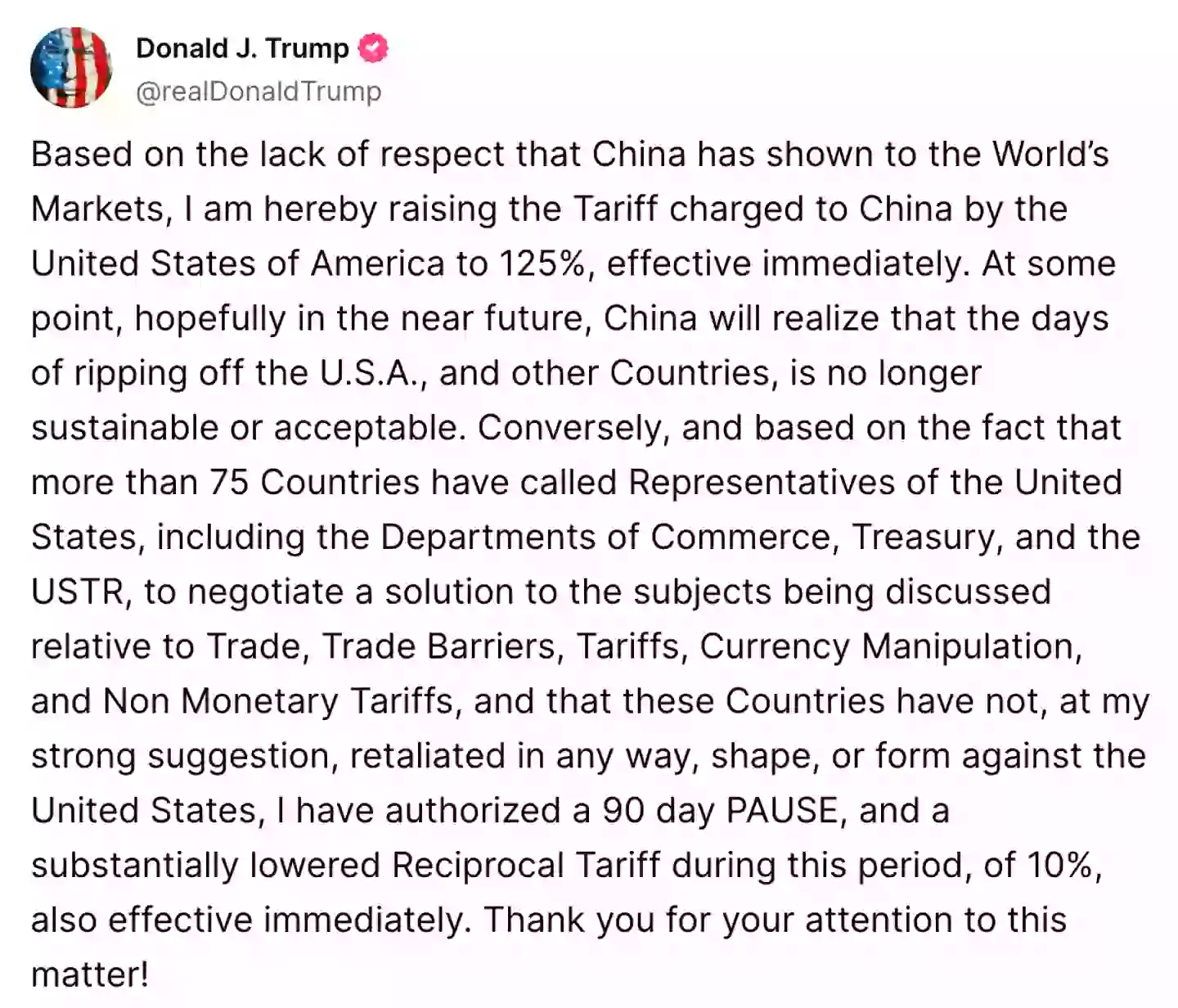 Trump has issued a response to China's relation tariff (@realDonaldTrump/Truth Social)