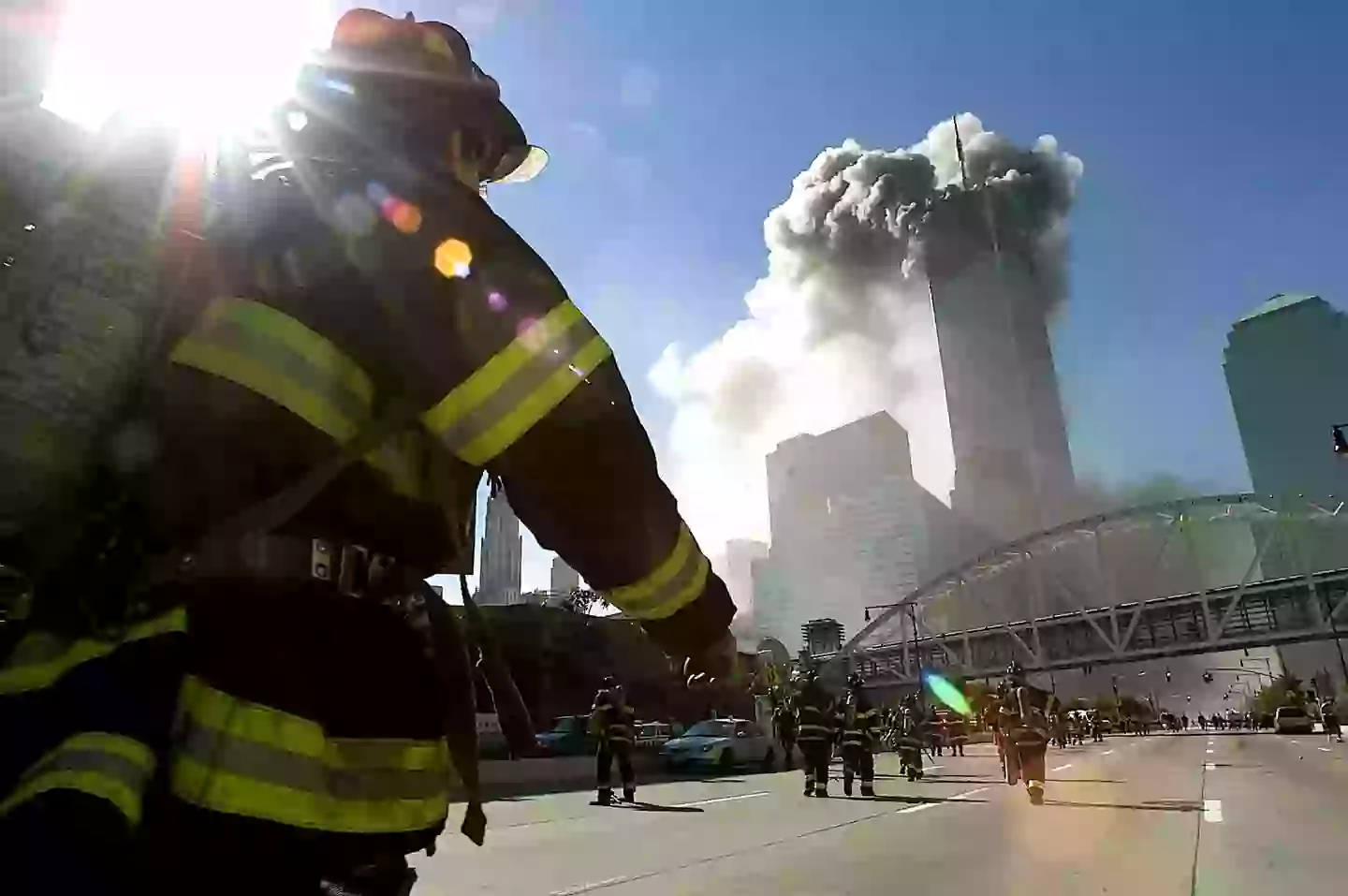 A band of first responders head towards the Twin Towers during the 9/11 attacks (Jose Jimenez/Primera Hora/Getty Images)