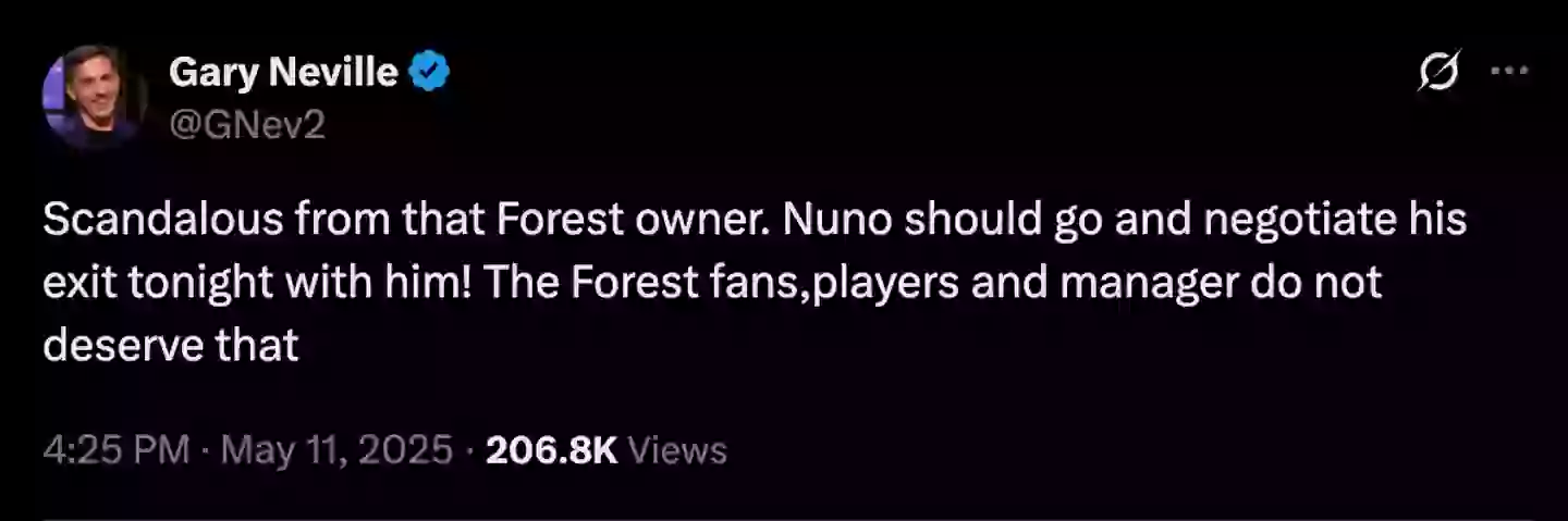 Gary-Neville-Nuno-Espirito-Santo-Nottingham-Forest Gary Neville makes Nuno Espirito Santo 'quit' claim after what happened with owner following Leicester draw