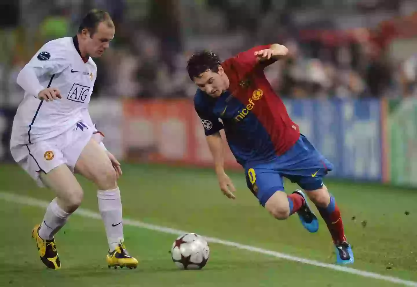 Wayne Rooney dhe Lionel Messi gjatë finales së Champions League 2008/09. Imazhi: Getty