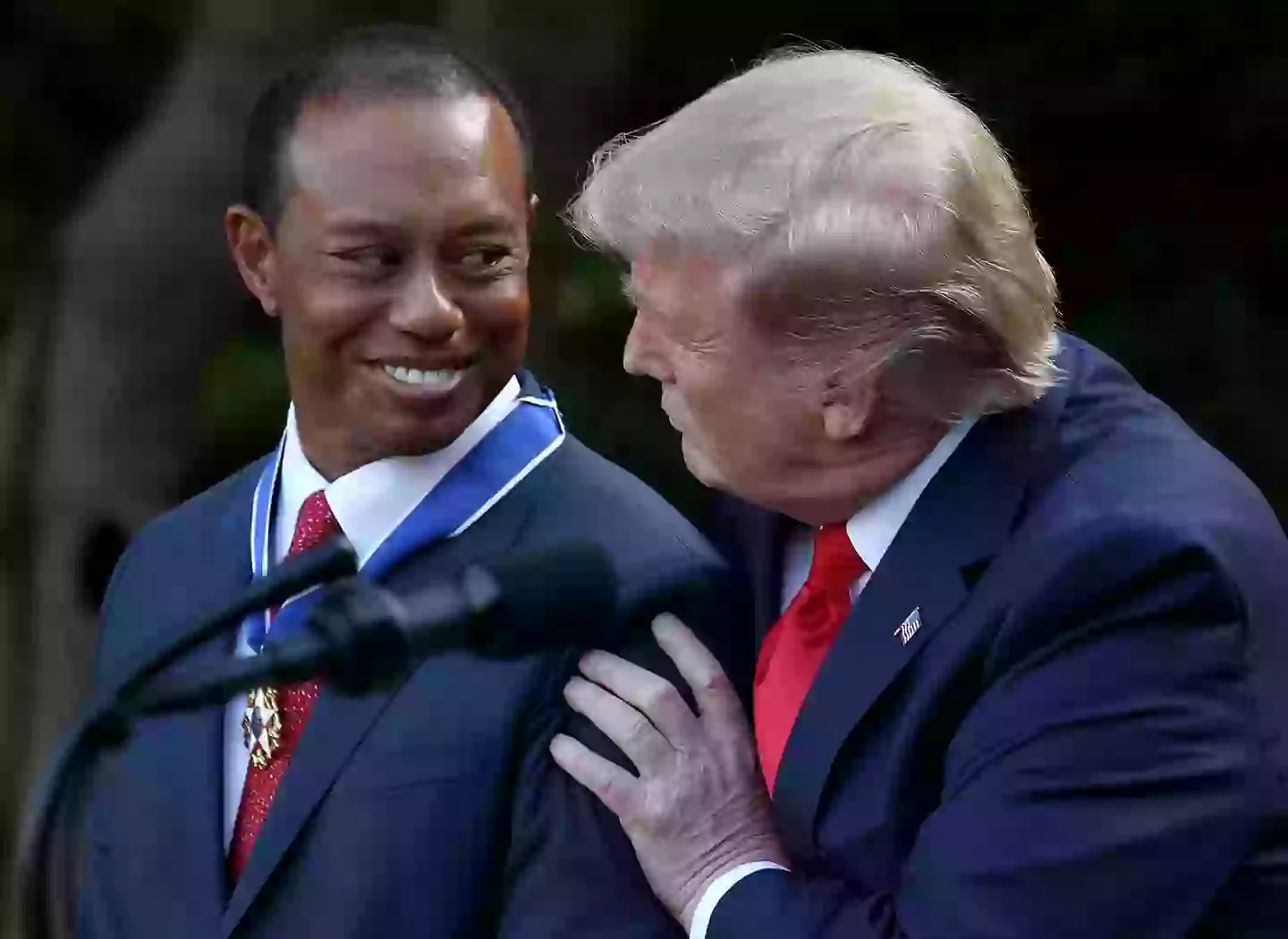 Donald Trump presents Tiger Woods with the Medal of Freedom during a ceremony in the Rose Garden at the White House. Image: Getty