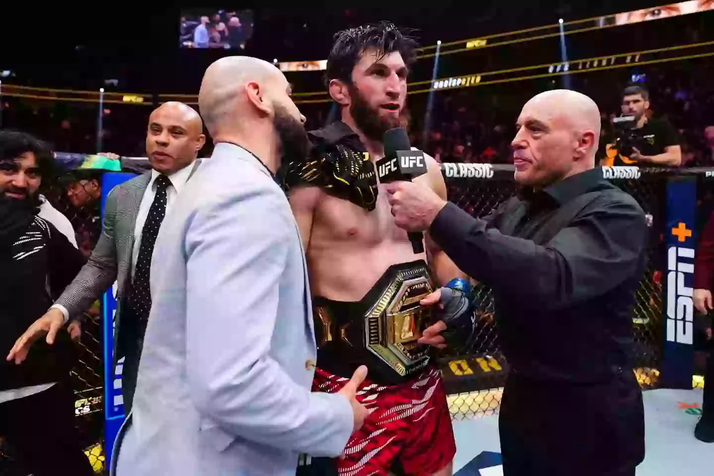 Magomed Ankalaev used a translator at UFC 313 during his post-fight interview. Image: Getty
