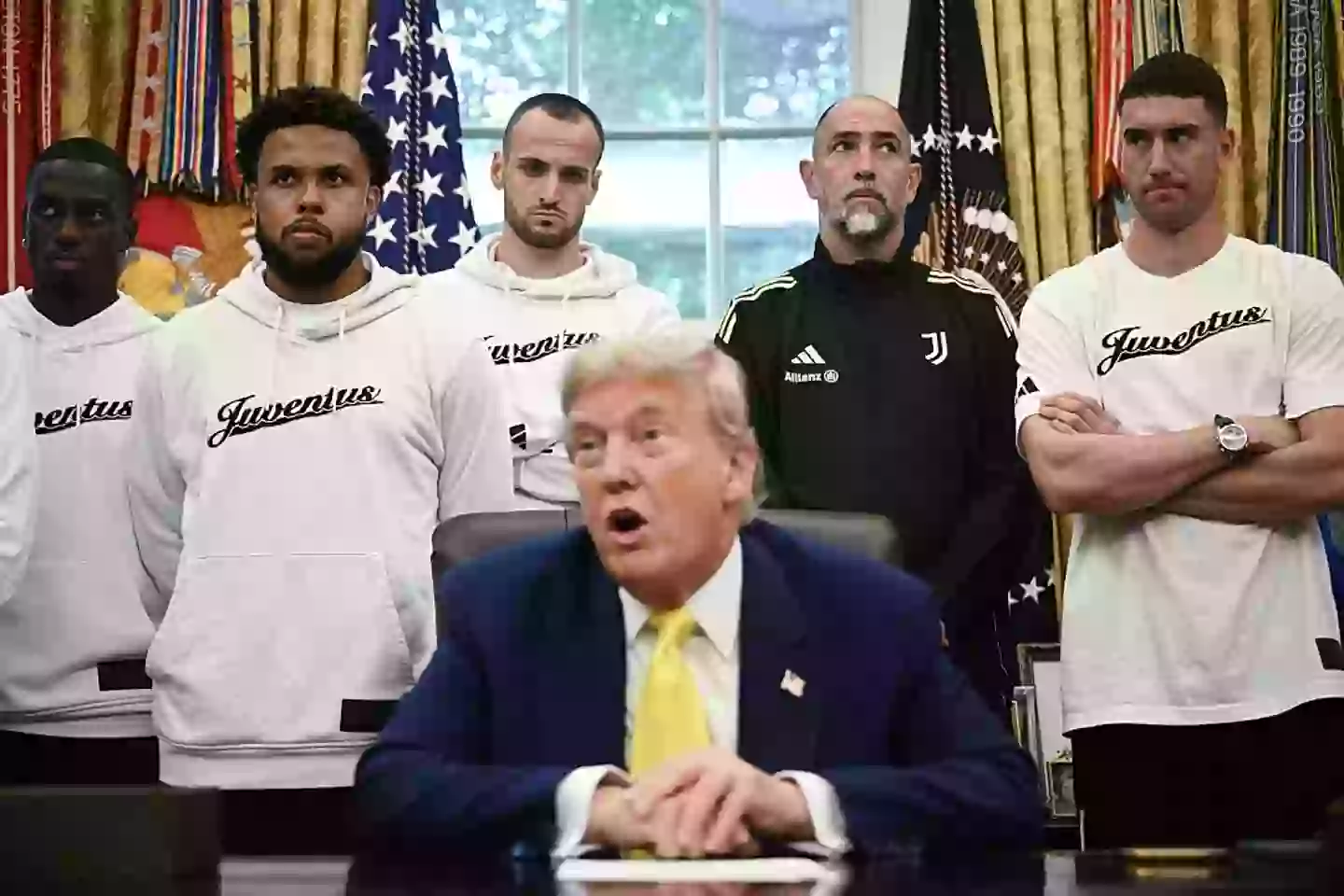 The Juventus squad were clearly uncomfortable with Trump's questions. (Image: Getty)