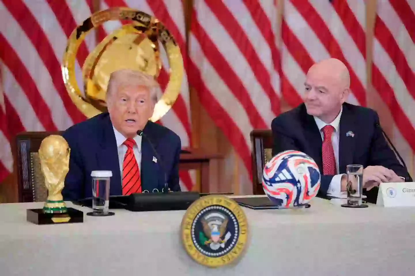 Donald Trump was joined by Gianni Infantino for the US president's first meeting of his administration's 2026 World Cup taskforce. Image: Getty