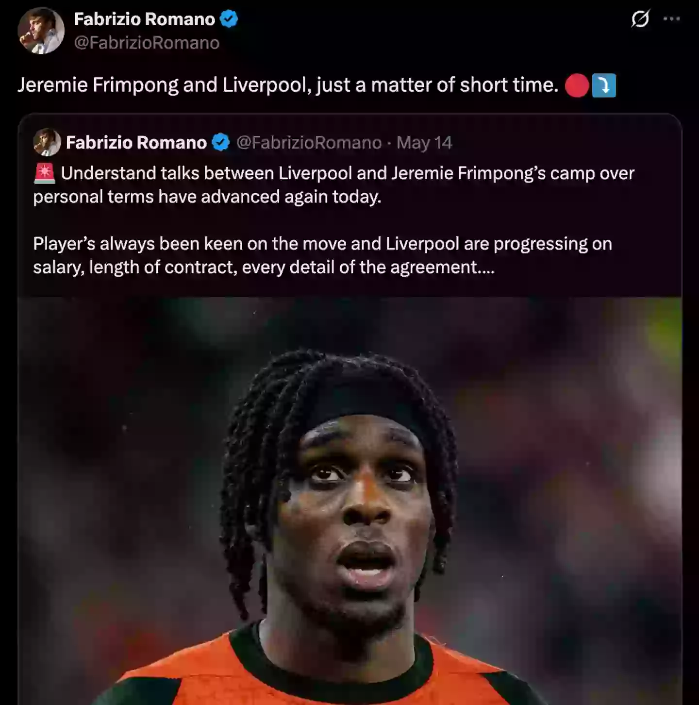 Fabrizio Romano has confirmed Liverpool are in 'advanced talks' with Jeremie Frimpong (Image: Twitter/@FabrizioRomano)