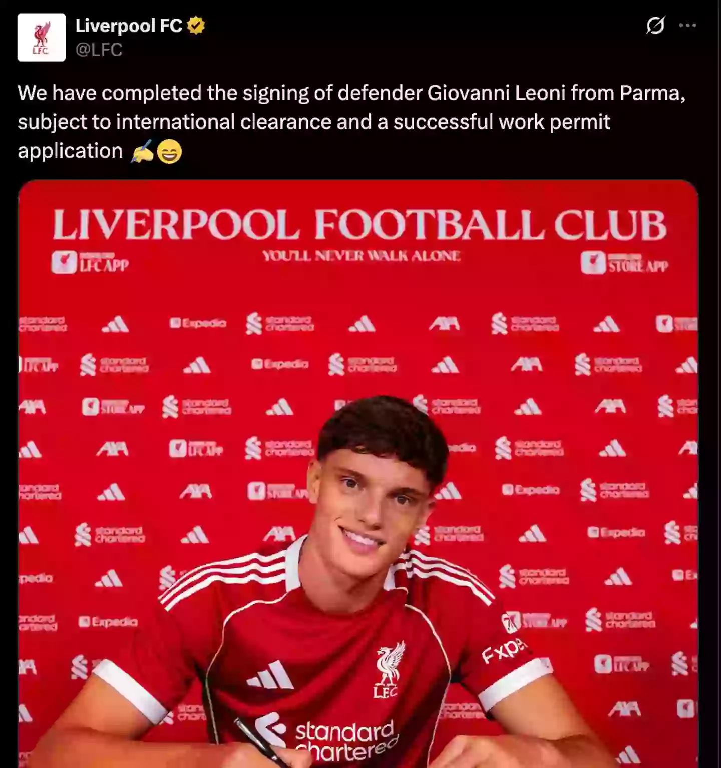 Giovanni Leoni has signed a six-year contract with Liverpool (Image: Liverpool Football Club)