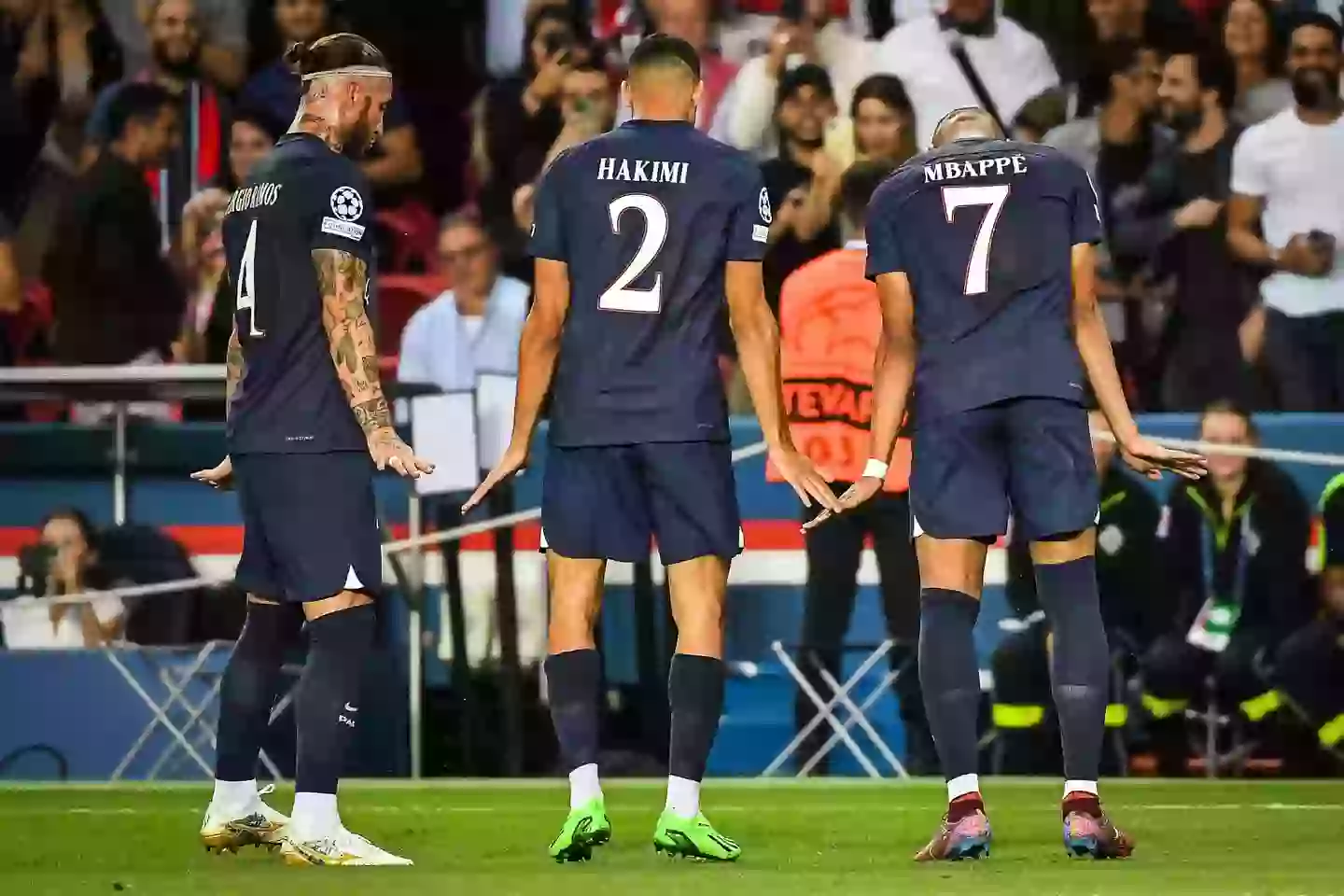 Sergio Ramos and Achraf Hakimi hit the 'waddle' celebration. Image: Alamy