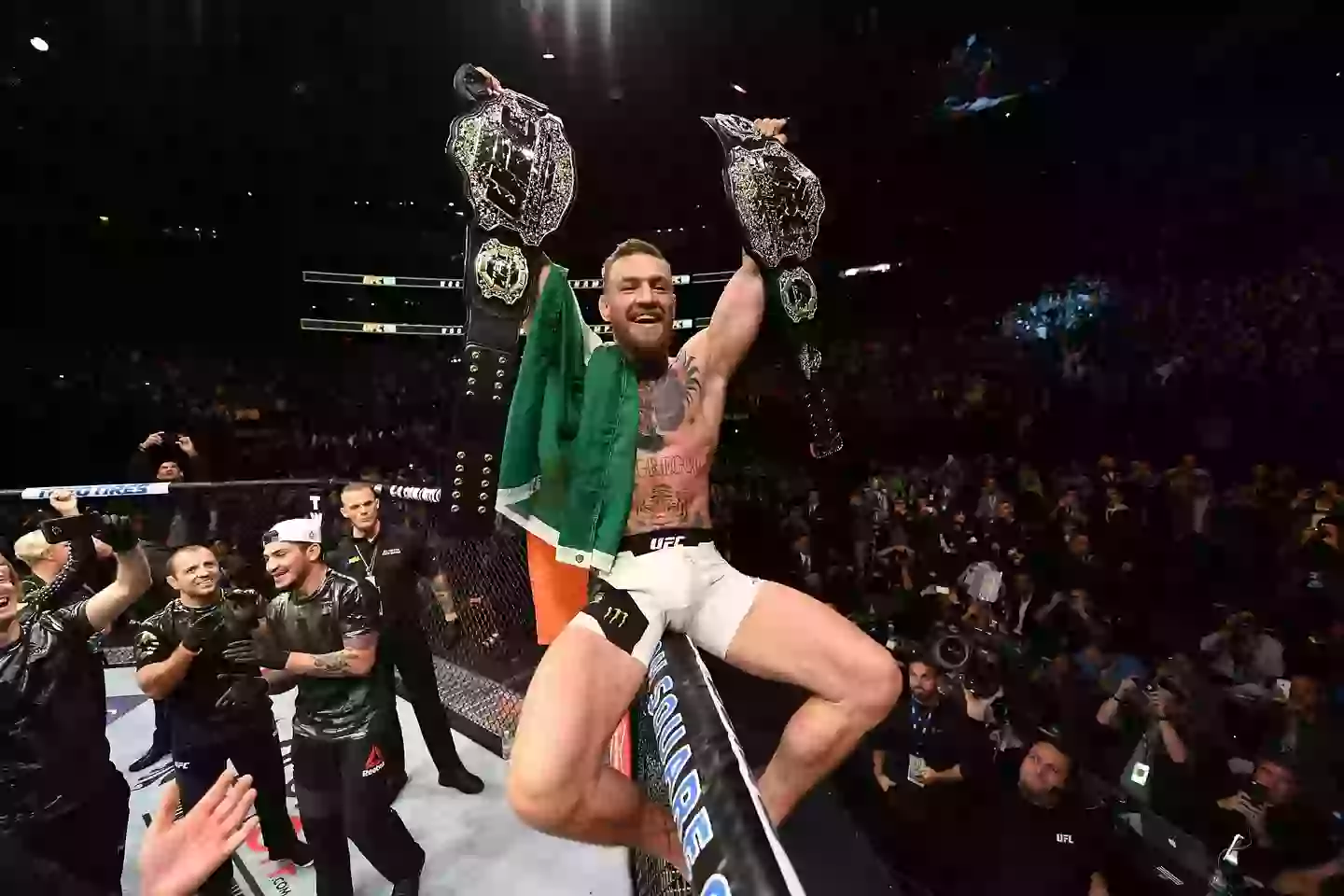 Conor McGregor celebrates his victory at UFC 205. Image: Getty